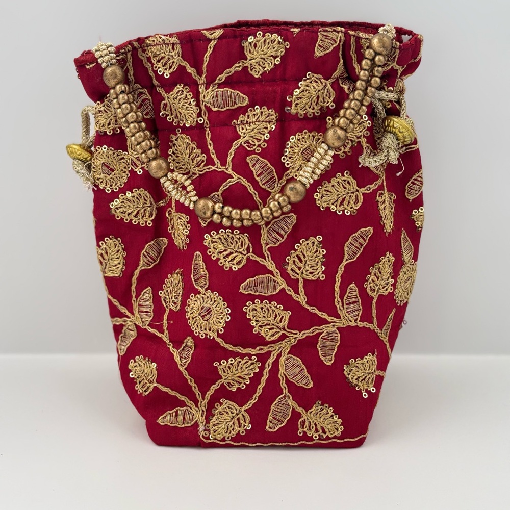 Elegant Red and Gold Embroidered Women's Bag